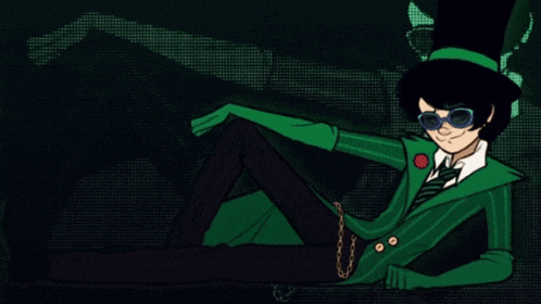 a cartoon character wearing a green top hat and tie