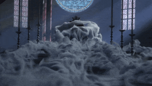 a room with a stained glass window and smoke coming out of the window