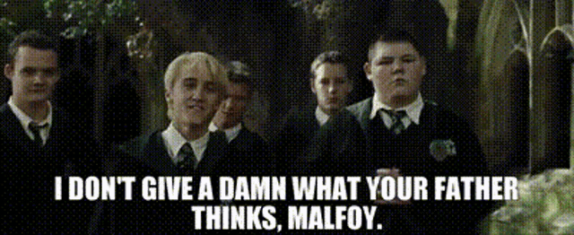 a group of young men in suits and ties are standing in a forest with the words i don t give a damn what your father