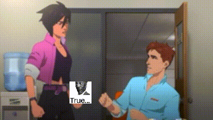 a man and a woman are standing in front of a door with a true logo in the corner