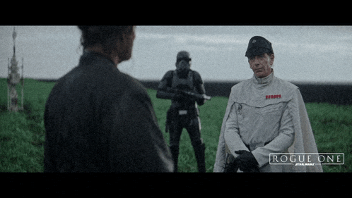 a poster for rogue one star wars shows a man in a white cape standing in a field