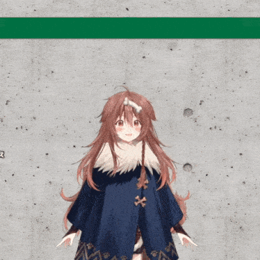 a girl with long brown hair is wearing a blue coat with bones on it
