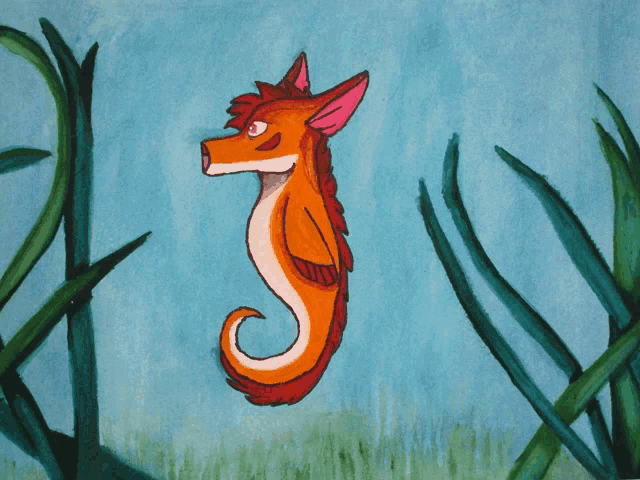 a cartoon drawing of a seahorse with a fox head