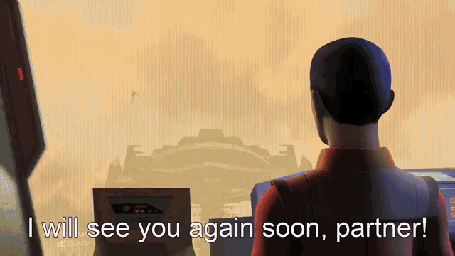 a man is standing in front of a building with the words i will see you again soon partner