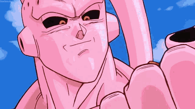 a close up of a cartoon character 's face with a blue sky behind him
