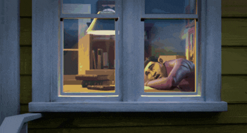 a cartoon of a man laying on the floor looking out a window