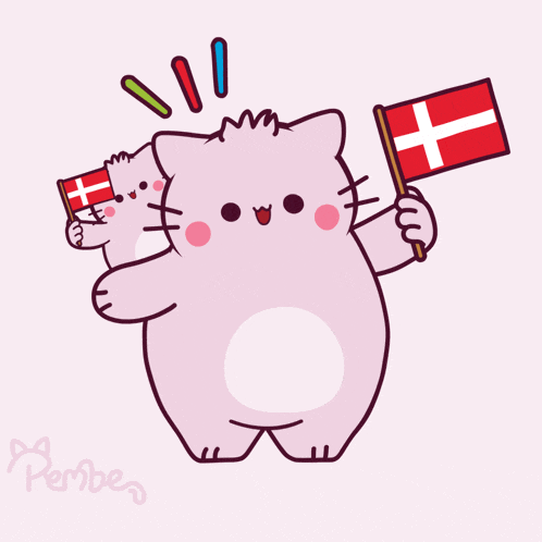 a drawing of a cat holding two flags with a cross on it