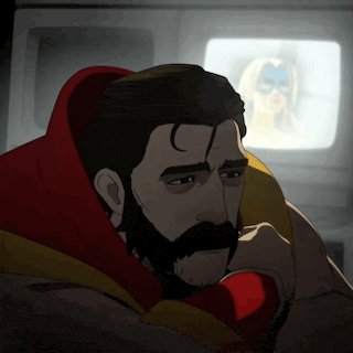 a cartoon drawing of a man with a beard and a woman behind him