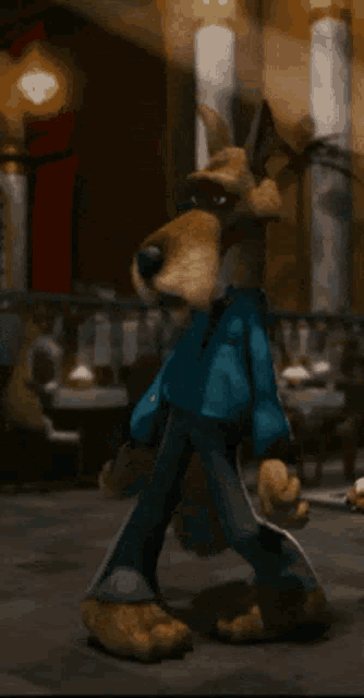a cartoon dog wearing a blue jacket and pants