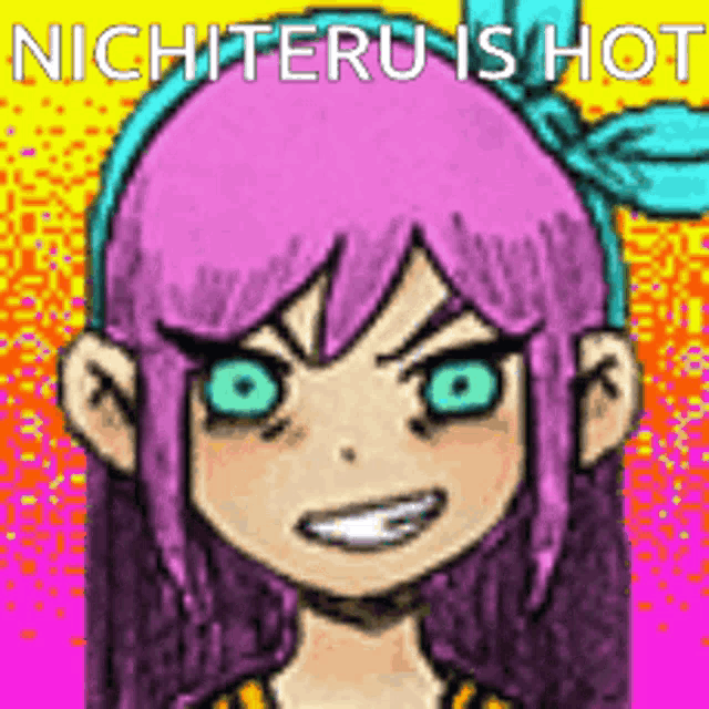 a cartoon of a girl with purple hair and blue eyes is making a funny face .