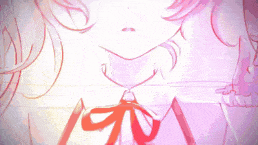 a drawing of a girl with a red bow and scissors around her neck