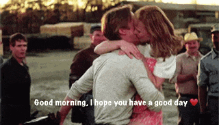 a man and woman are hugging and kissing with the words good morning i hope you have a good day below them