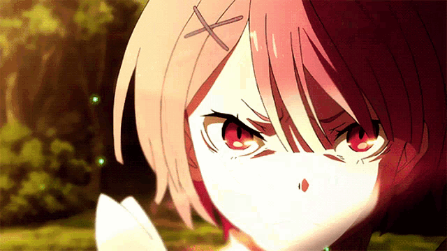 a close up of a girl with red eyes and a cross in her hair