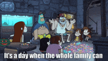 a cartoon says it 's a day when the whole family can with a pile of candy