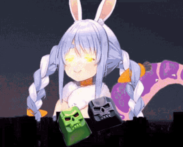 a girl with bunny ears is standing next to a green skull key