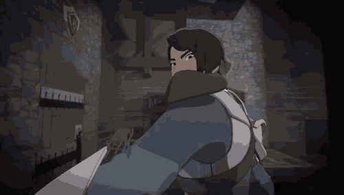 a man in a blue jacket is holding a sword in a dark room .
