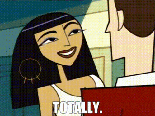 a cartoon of a woman smiling next to a man with the word totally below her