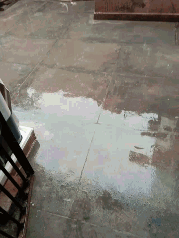 a reflection of a building in a puddle on a tiled floor