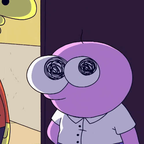 a close up of a cartoon character with a purple head