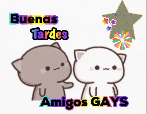 two cartoon cats are standing next to each other and the words amigos gays are on the bottom right