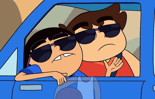 two cartoon characters wearing sunglasses are leaning out of a blue car window