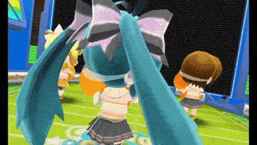 a video game shows a girl with a bow on her head