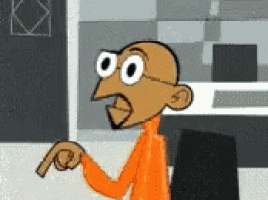 a cartoon of a bald man wearing glasses pointing at something .