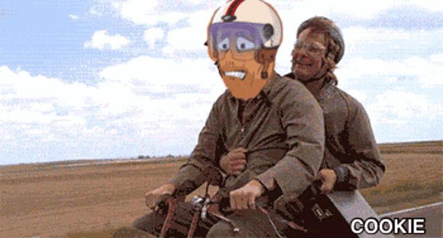 a cartoon character is riding on the back of another character with the word cookie underneath them