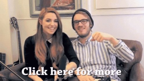 a man and a woman sitting on a couch with the words click here for more