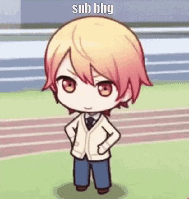 a cartoon character is standing on a track with his hands on his hips and a caption that says sub bbg .