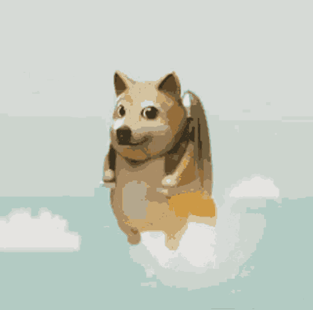 a doge with a backpack is flying through the air
