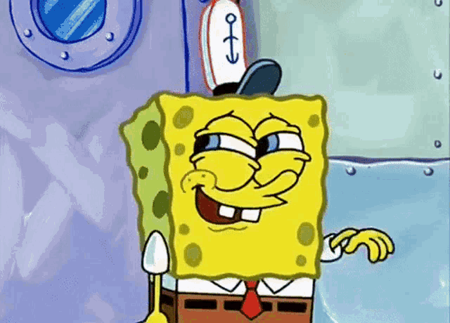 spongebob squarepants is wearing a hat with an anchor on it and smiling .