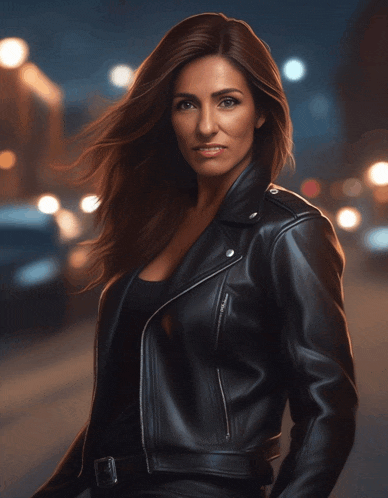 a woman wearing a black leather jacket is standing on a street