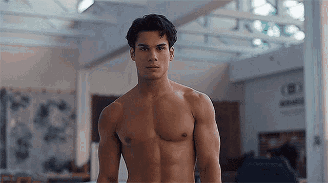 a shirtless man is standing in a room and looking at the camera in a gym .
