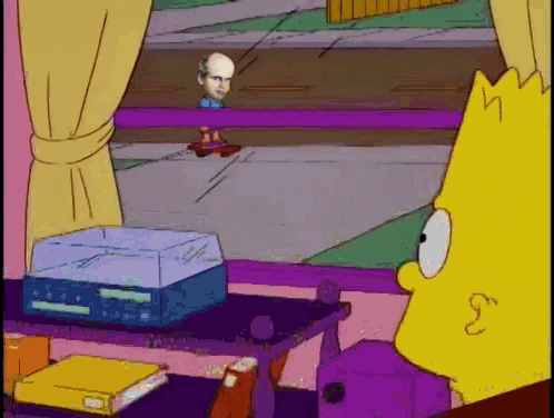 bart simpson is looking out a window at a man riding a skateboard