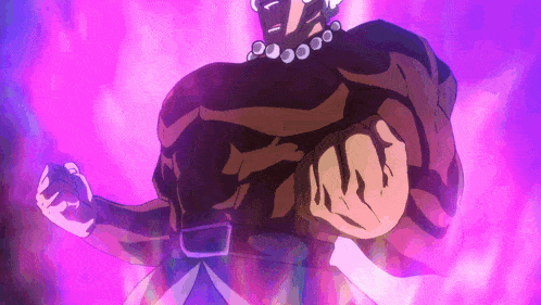 a cartoon character with a necklace around his neck is standing in front of a purple background