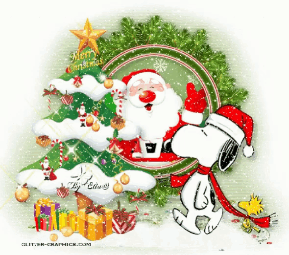 snoopy and woodstock are standing in front of a christmas tree and santa claus