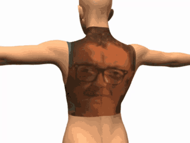 a computer generated image of a man 's back with glasses on