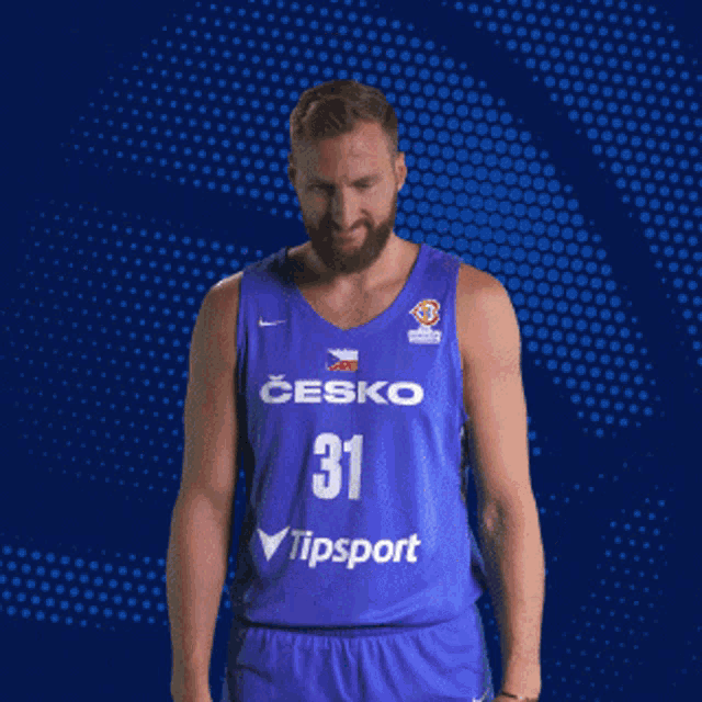 a basketball player wearing a blue jersey with the number 31 on it