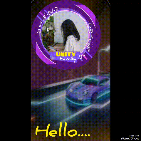 a picture of a girl in a purple circle with a car in the background