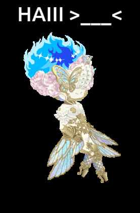 a pixel art of a girl with a butterfly on her face and the words haiii above her