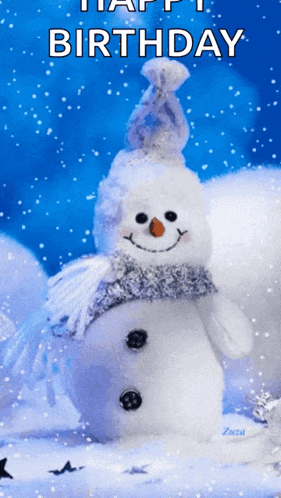 a happy birthday greeting card with a snowman in the snow