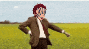 a man in a suit and tie is running through a field