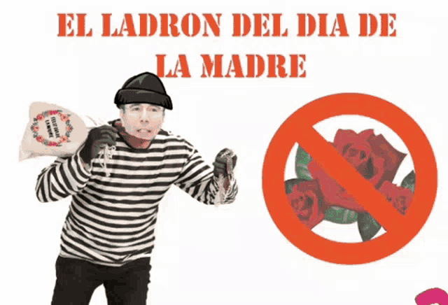 a man in a striped shirt is carrying a bag with flowers on it and the words el ladron del dia de la madre