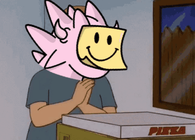 a cartoon character with a smiley face on his face is standing next to a box of pizza