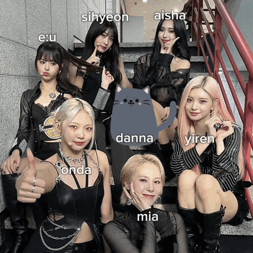a group of girls posing for a picture with the names danna yieren and mia written on the bottom