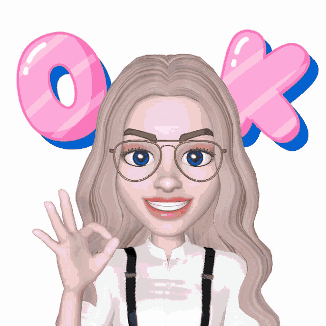 a cartoon girl with glasses and suspenders is giving an ok sign