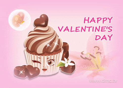 a happy valentine 's day greeting card with a cupcake with hearts on top