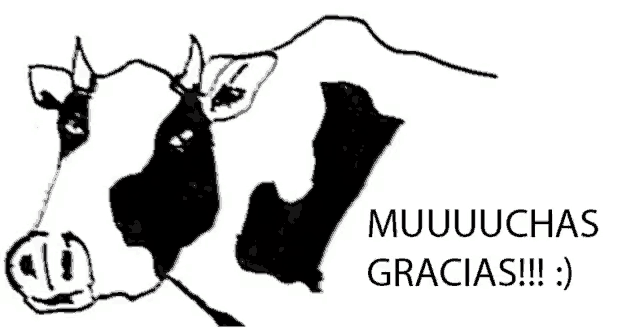 a black and white drawing of a cow with the words muuuchas gracias written below it