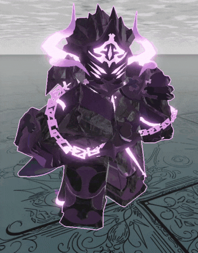 a cartoon character with purple horns and a purple chain around his neck